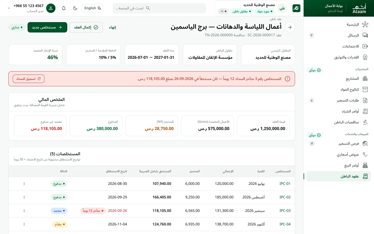 عقد مقاولة من الباطن ومستخلصاته