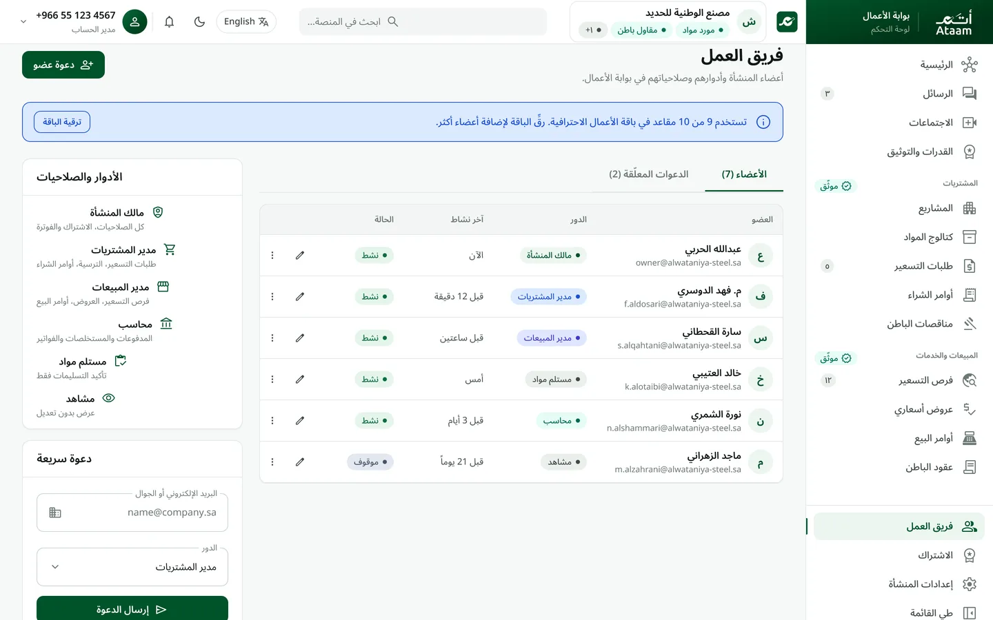 فريق العمل والأدوار والصلاحيات