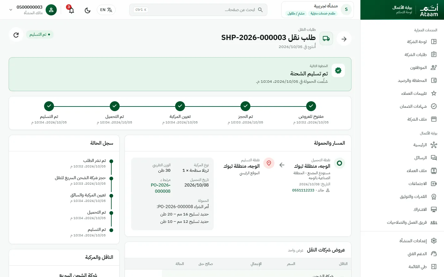 طلب نقل ومراحل الشحنة